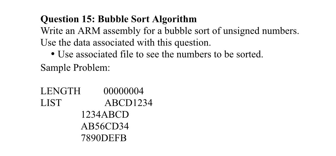 Question 1 5 : Bubble Sort Algorithm Write an ARM