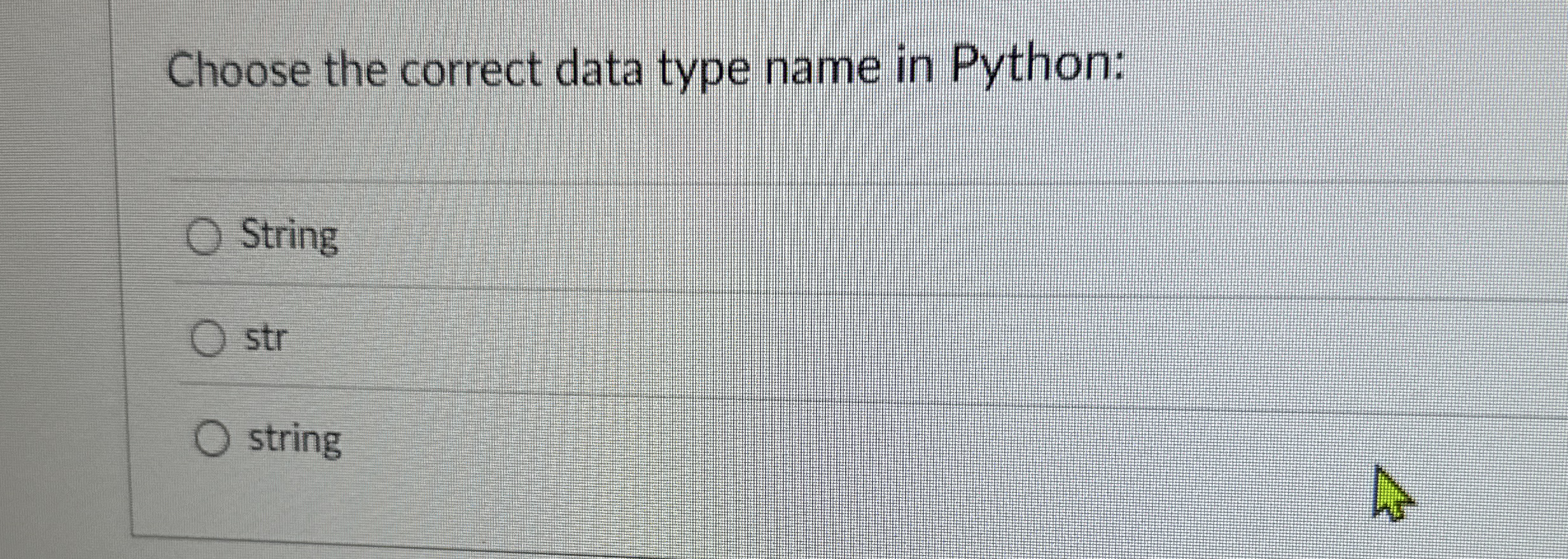 Choose the correct data type name in Python: