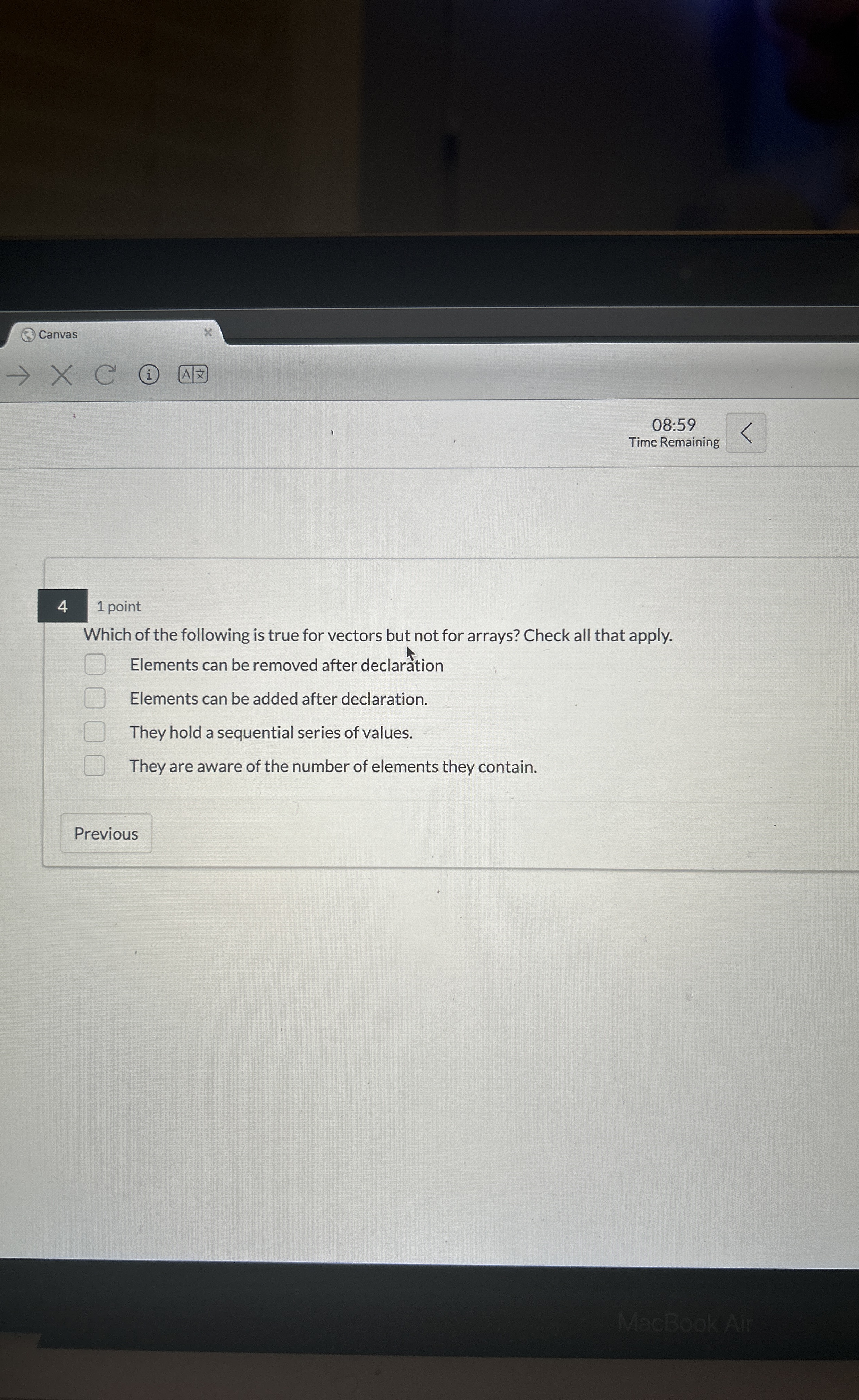 Canvas 0 8 : 5 9 Time Remaining 4 1 point Which