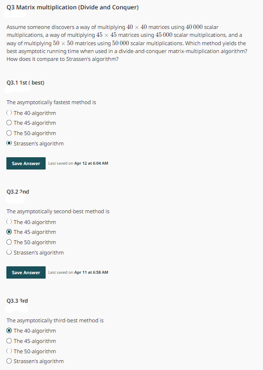 Q 3 Matrix multiplication ( Divide and Conquer )