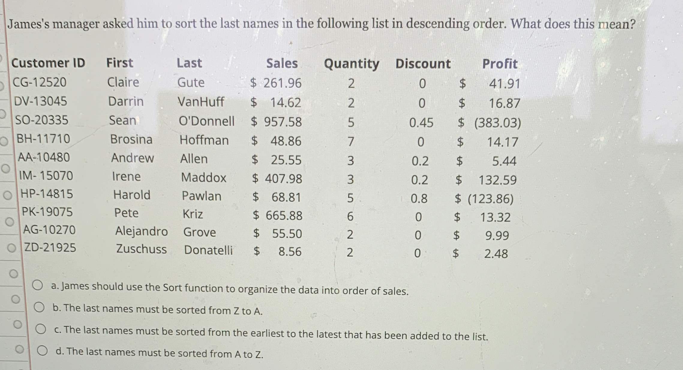 James's manager asked him to sort the last names