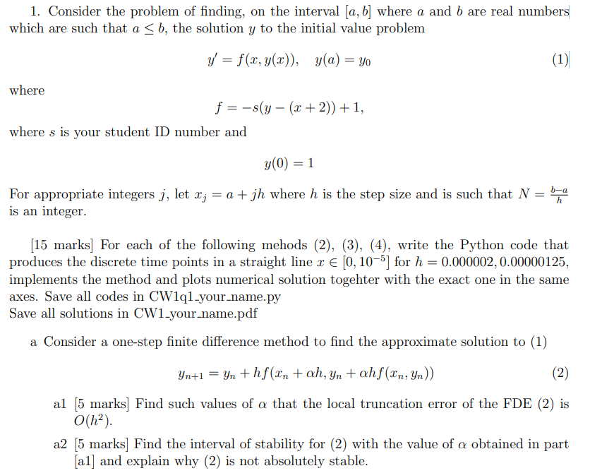 1 . Consider the problem of finding, on the