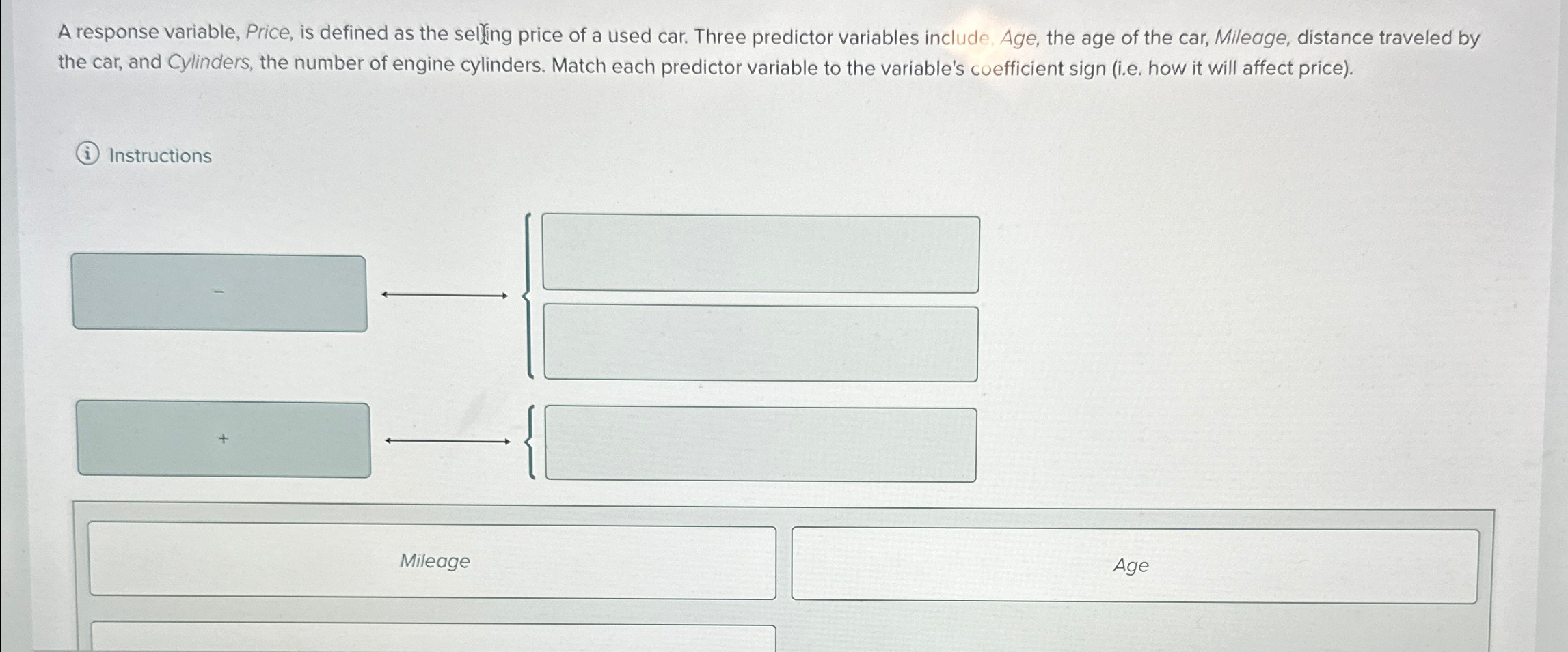 A response variable, Price, is defined as the