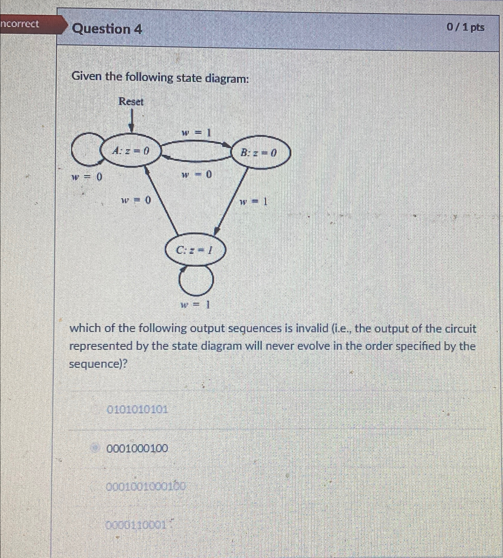 Question 4 0 1 pts Given the following state