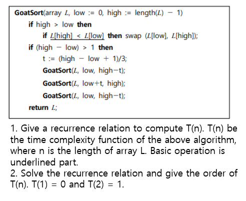 Give a recurrence relation to compute T ( n ) . T