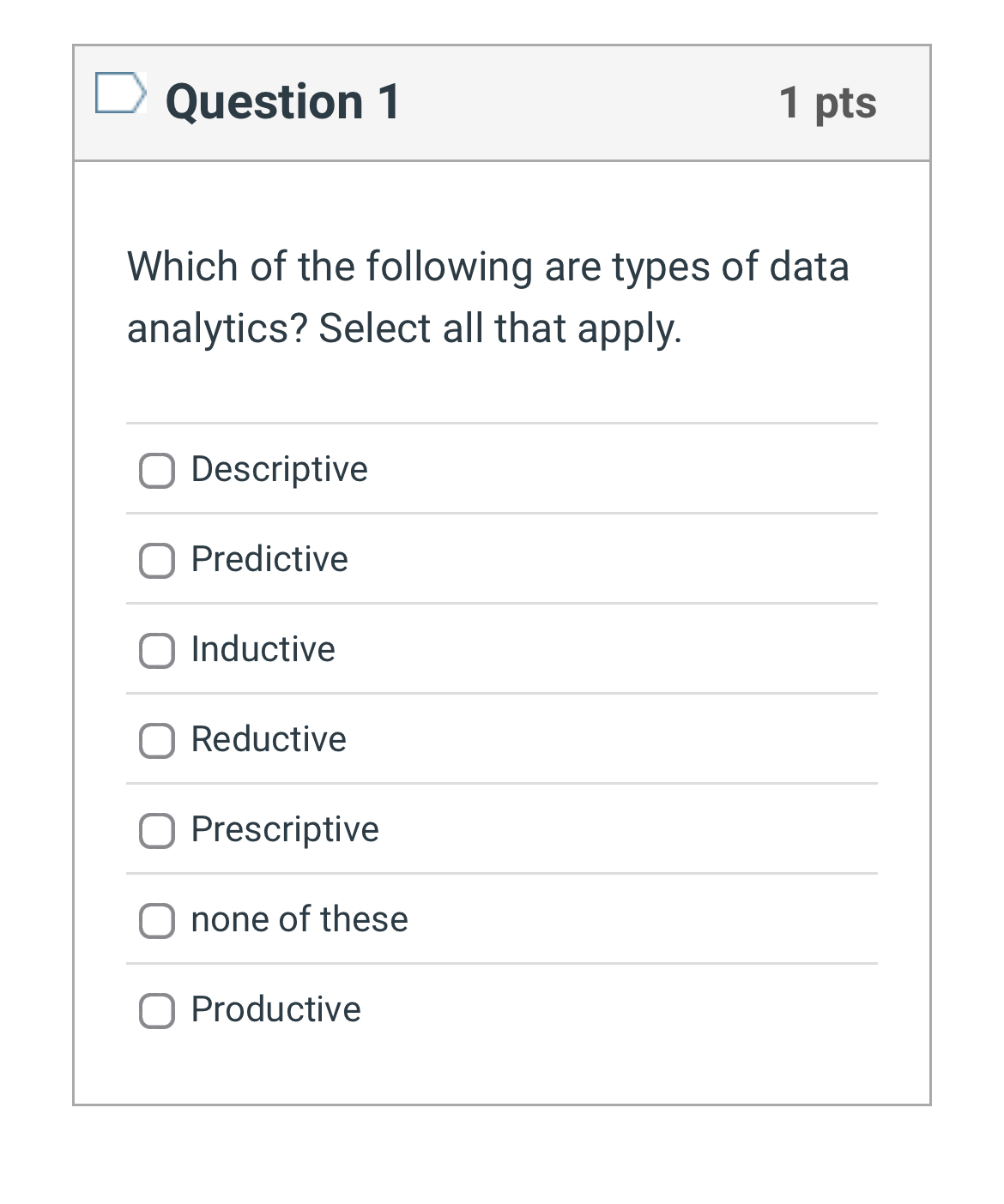 Question 1 1 pts Which of the following are types
