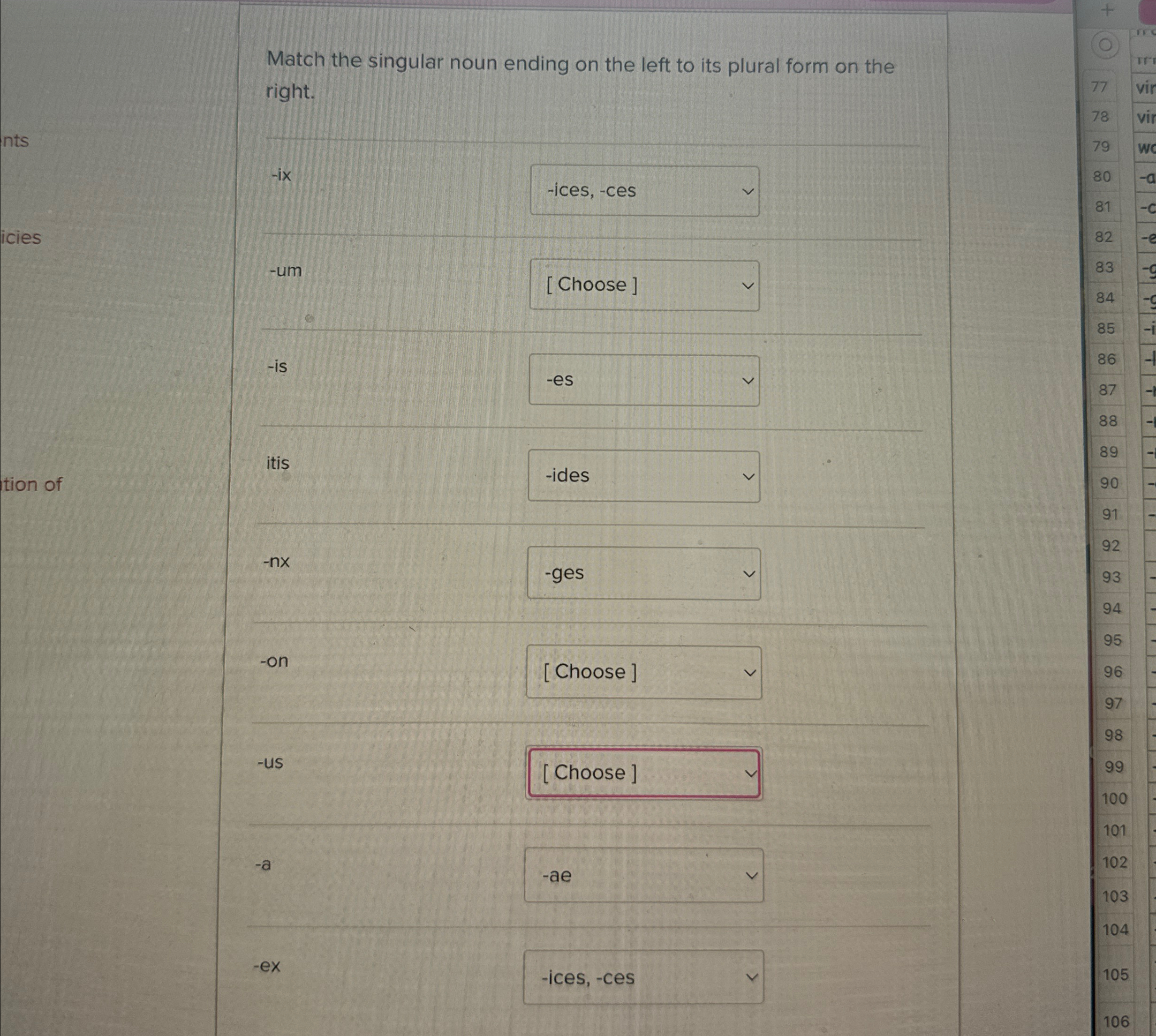 Match the singular noun ending on the left to its