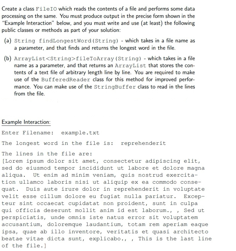 Create a class FileIO which reads the contents of