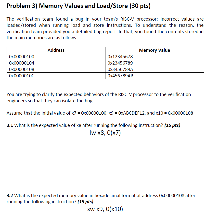 Problem 3 ) Memory Values and Load / Store ( 3 0