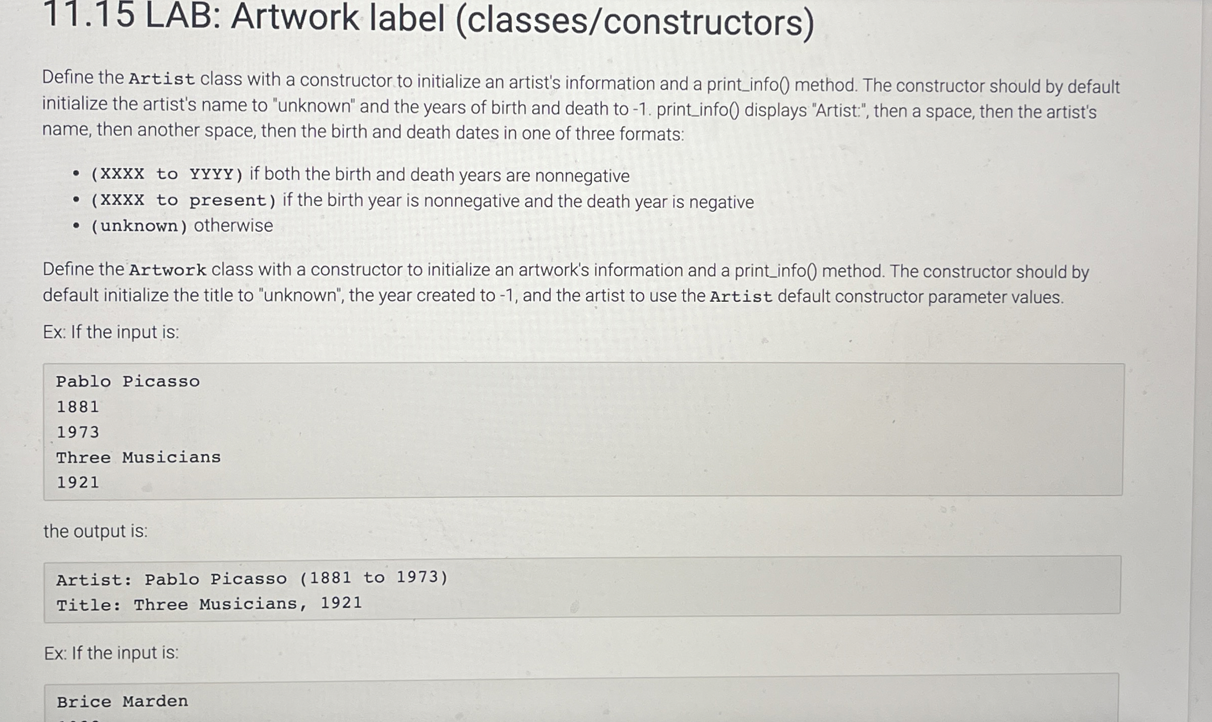 1 1 . 1 5 LAB: Artwork label ( classes /