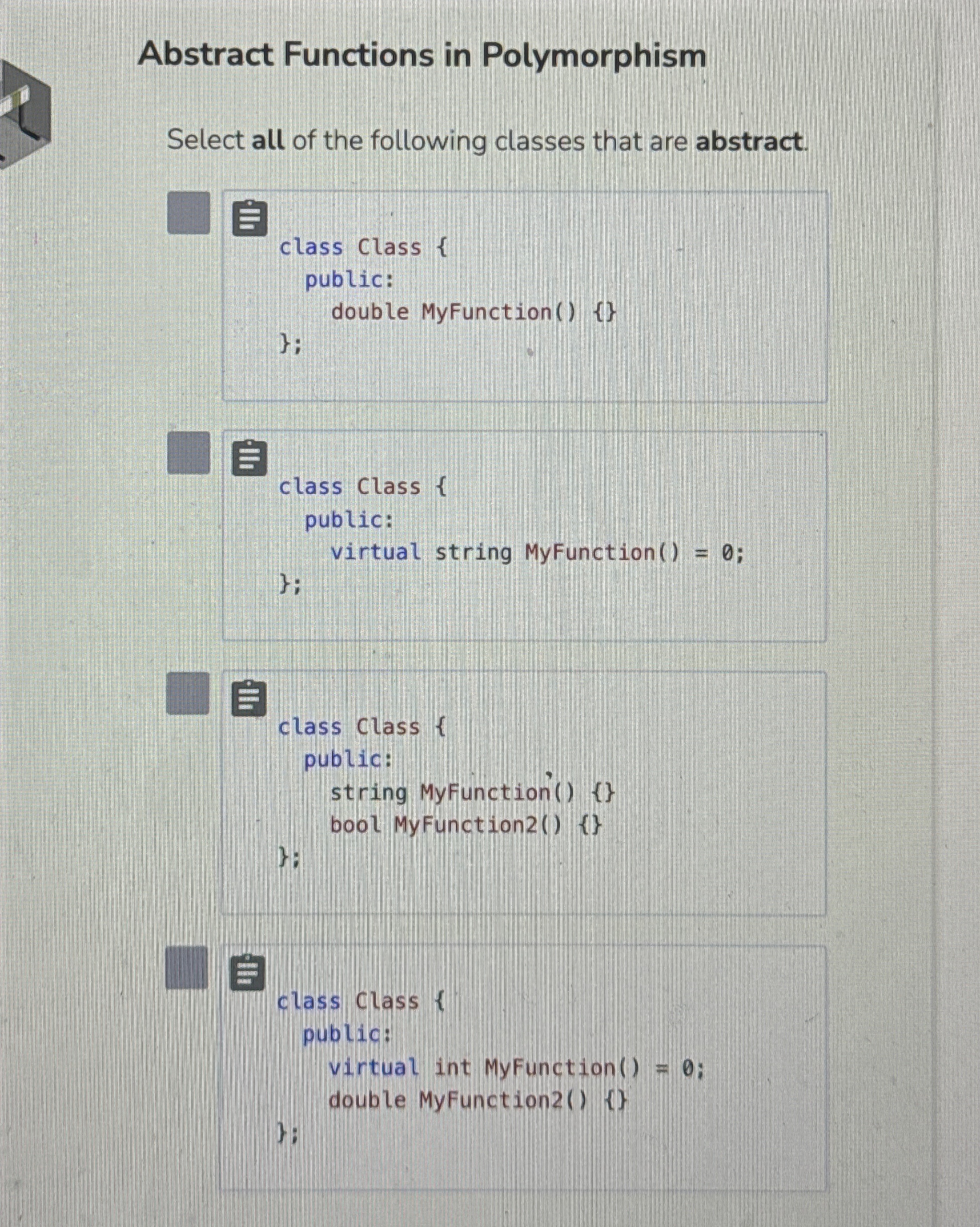 Abstract Functions in Polymorphism Select all of