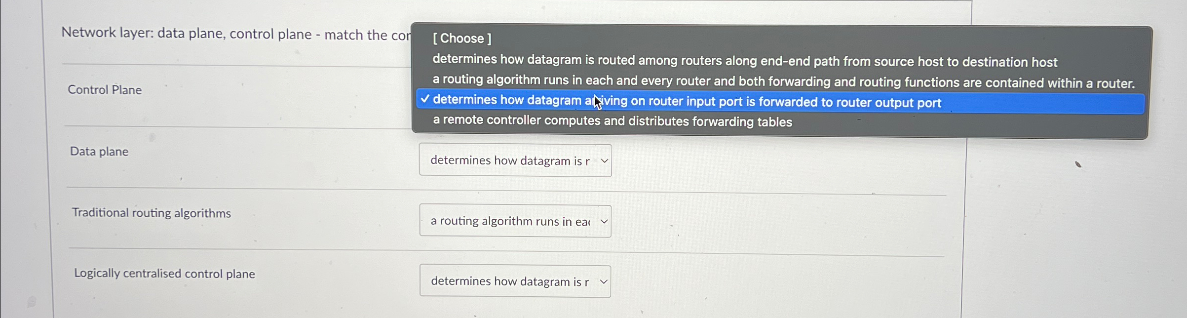 Network layer: data plane, control plane - match