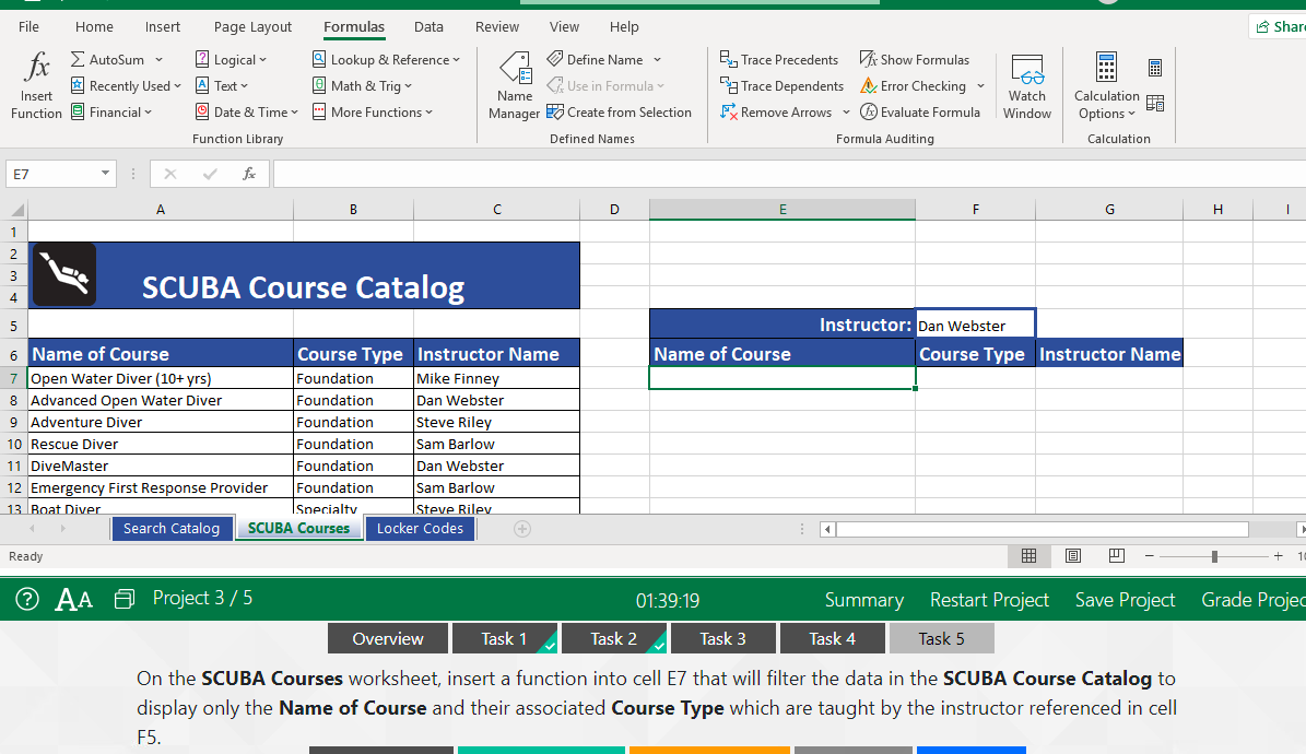 On the SCUBA Courses worksheet, insert a function