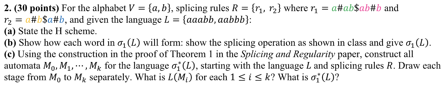 ( 3 0 points ) For the alphabet V = { a , b } ,