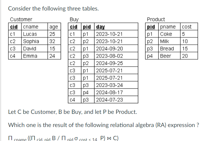Consider the following three tables. Let C be