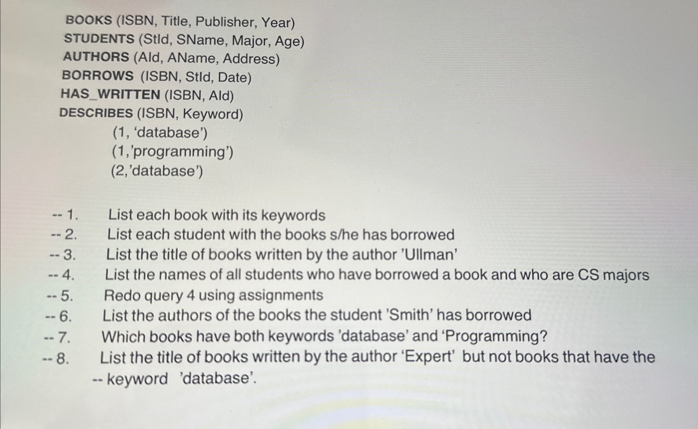 SQL REALTIONAL ALGEBRA BOOKS ( ISBN , Title,