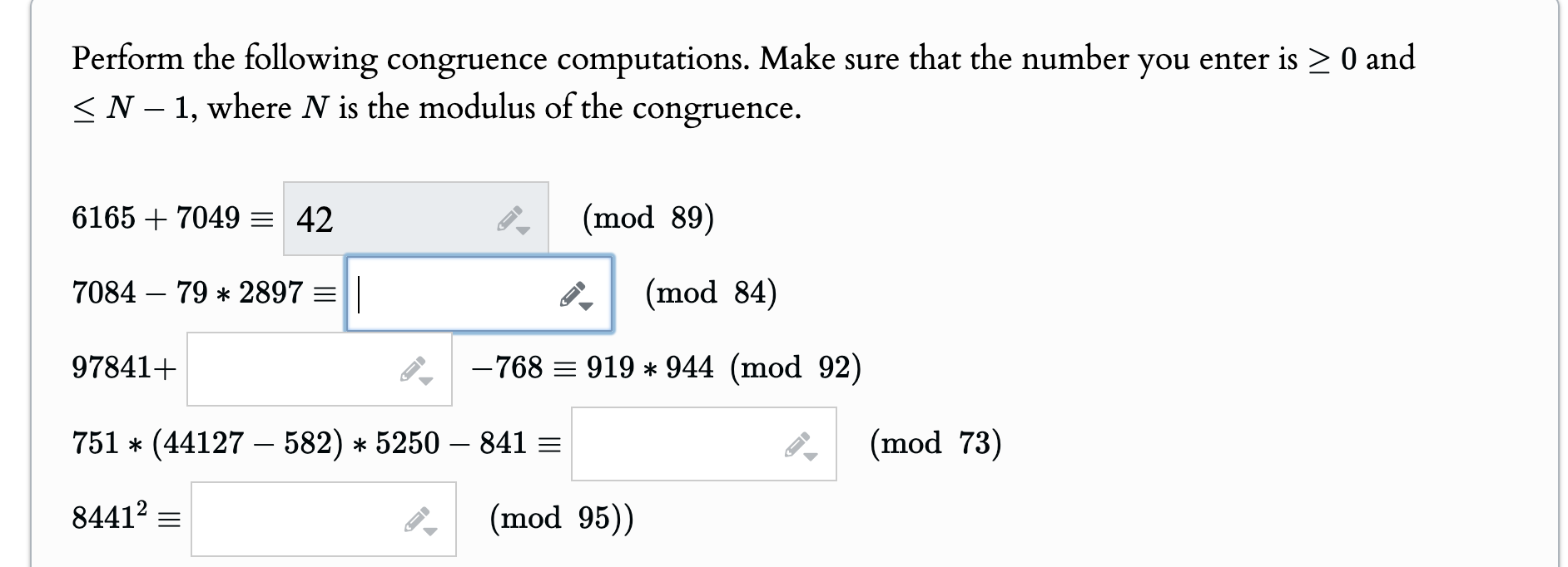Perform the following congruence computations.