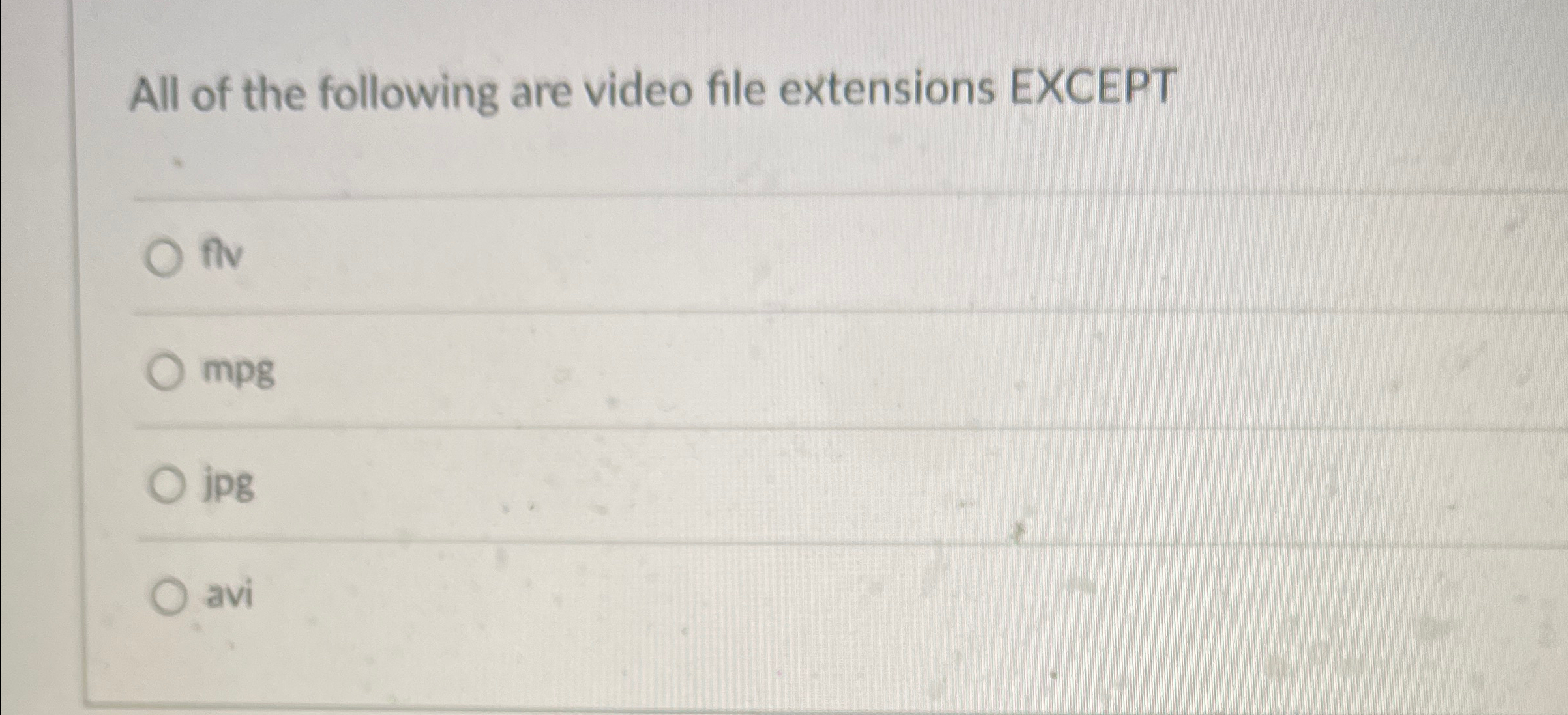 All of the following are video file extensions