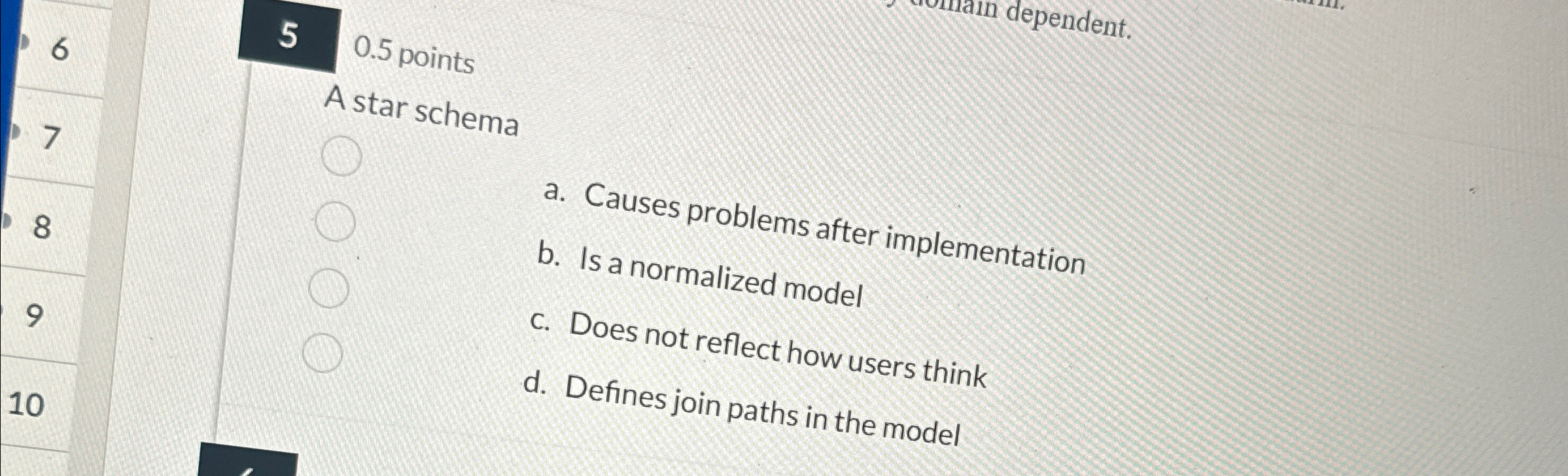 5 0 . 5 points A star schema a . Causes problems