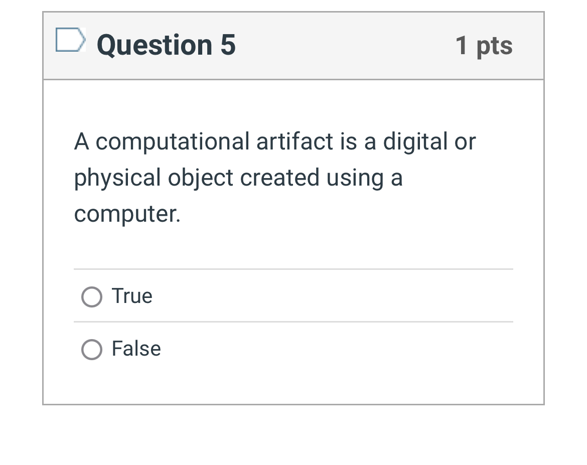 Question 5 1 pts A computational artifact is a