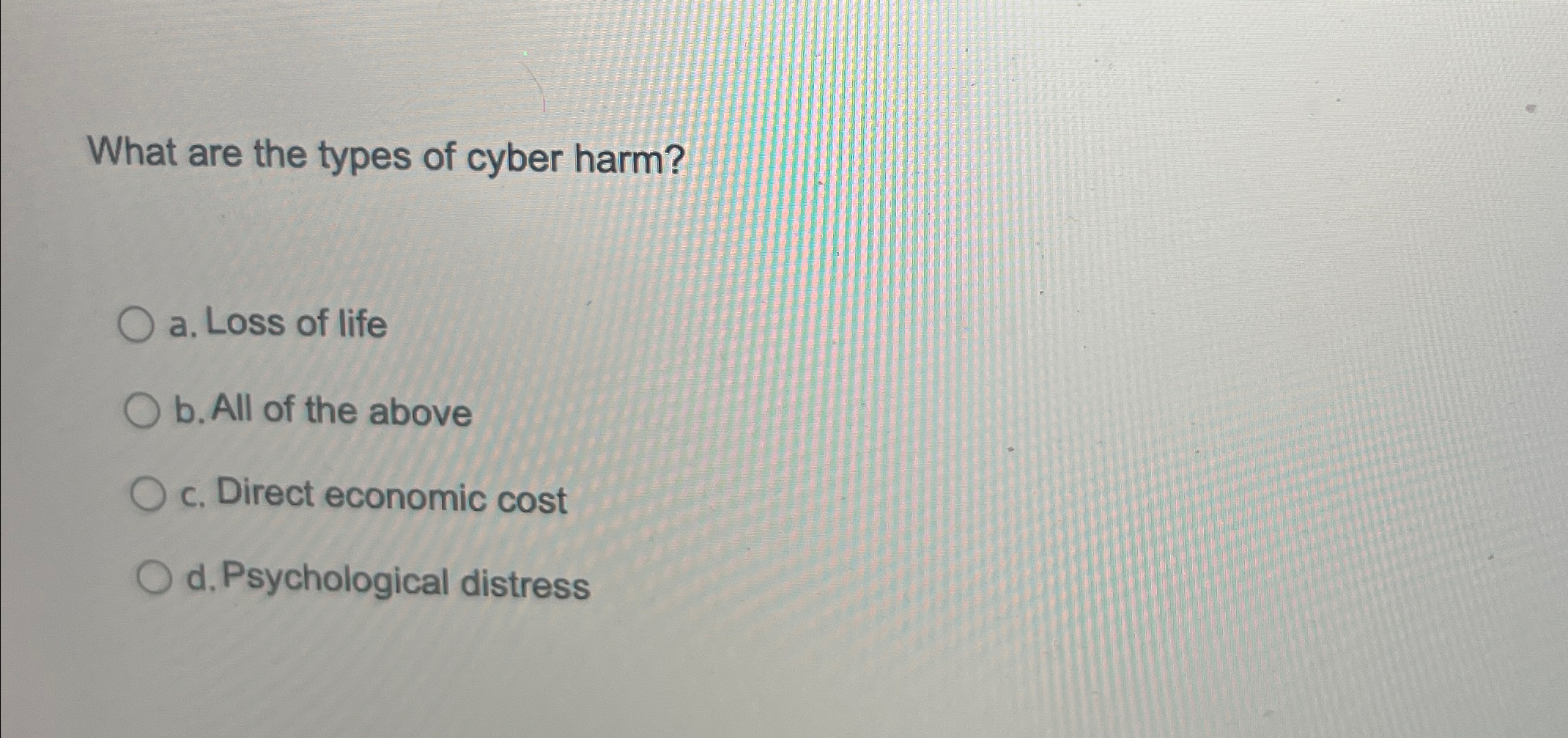 What are the types of cyber harm? a . Loss of