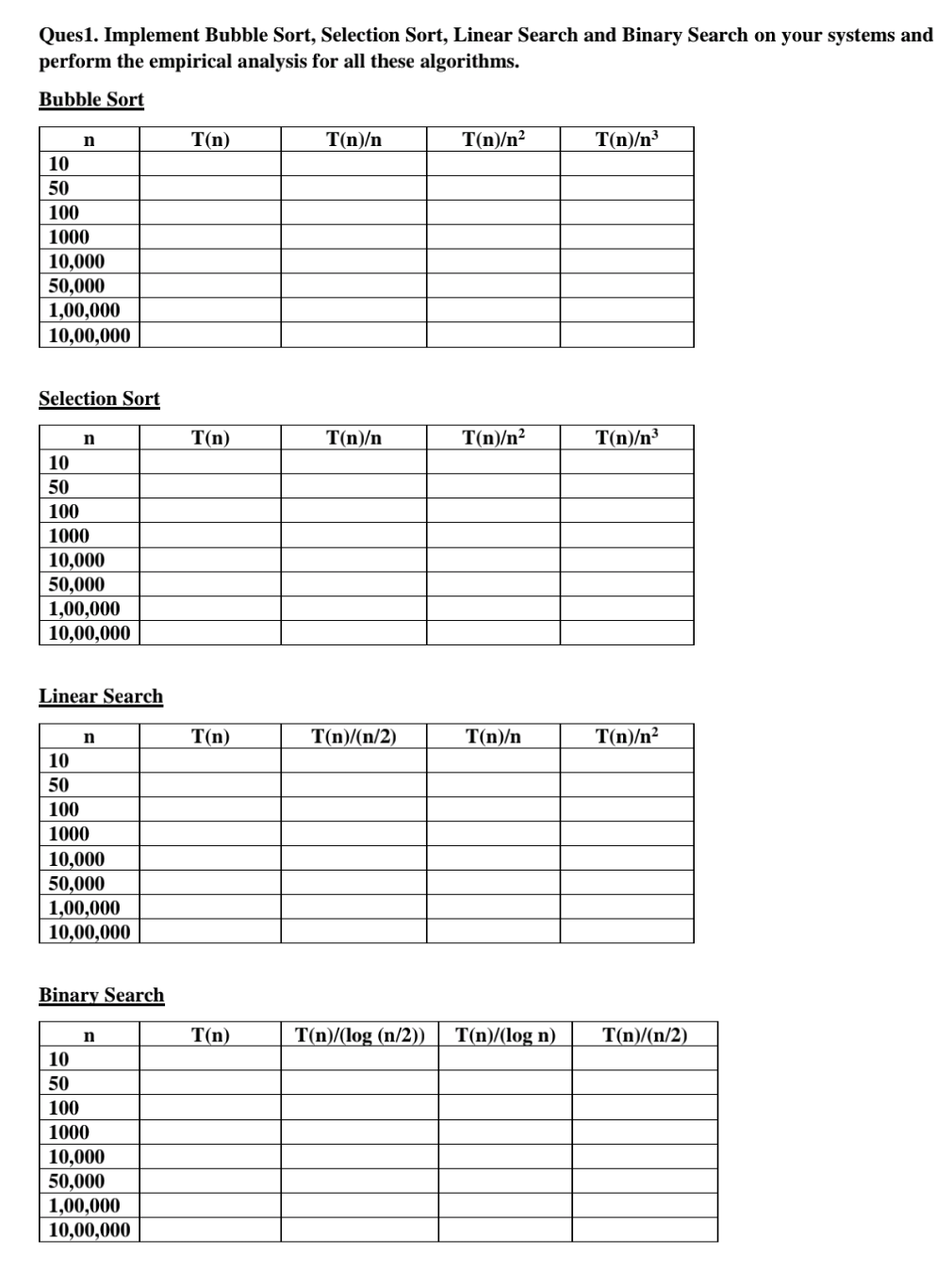 Ques 1 . Implement Bubble Sort, Selection Sort,