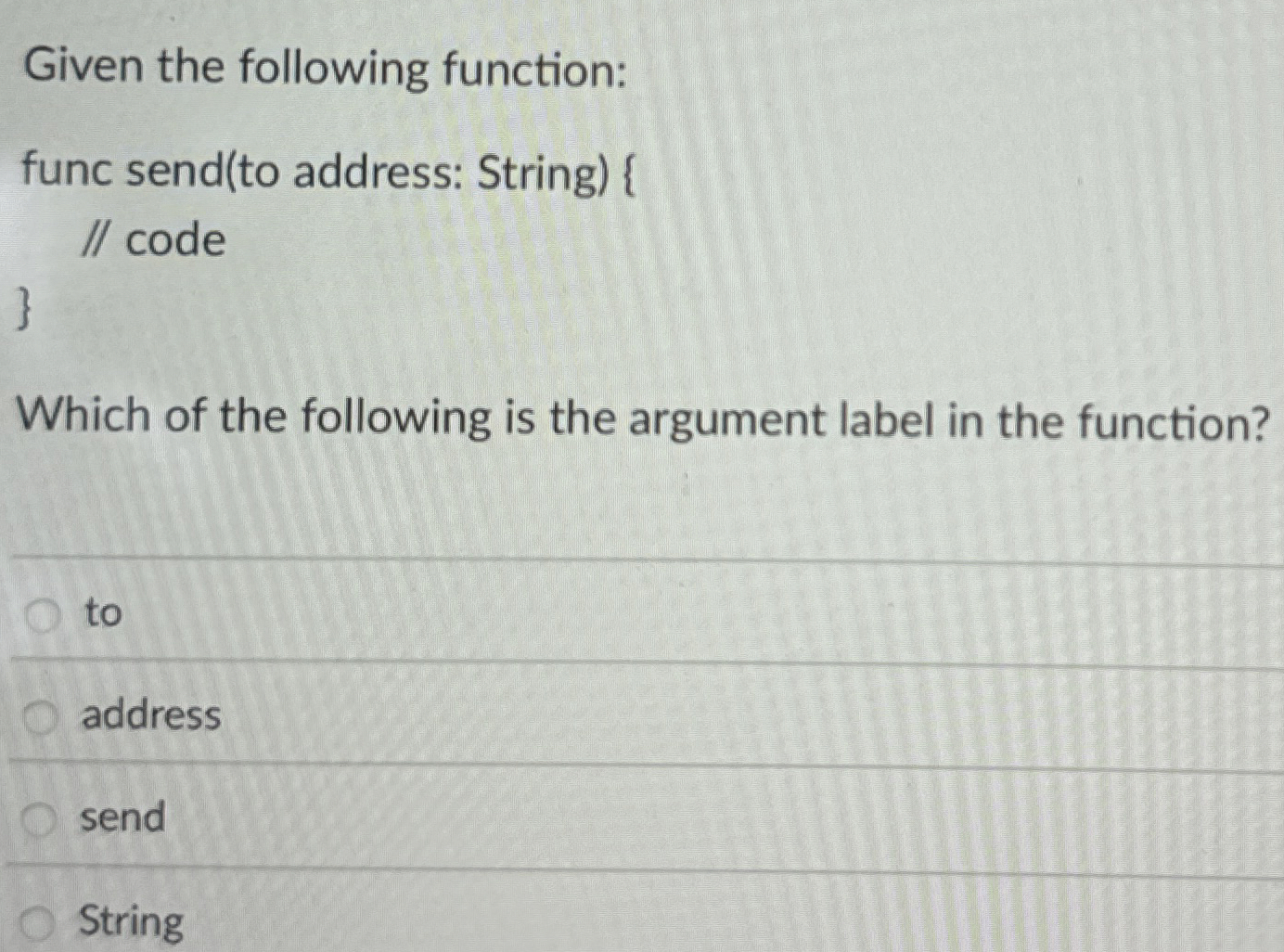 Given the following function: func send ( to