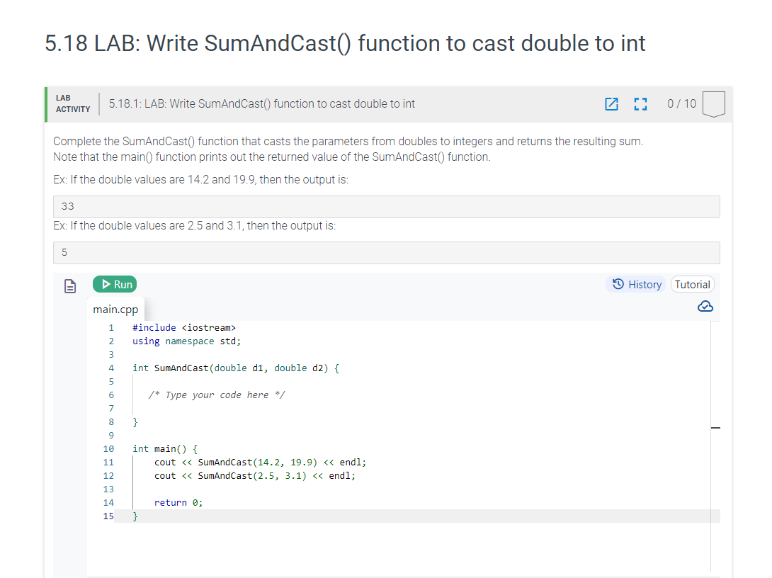 5 . 1 8 LAB: Write SumAndCast ( ) function to