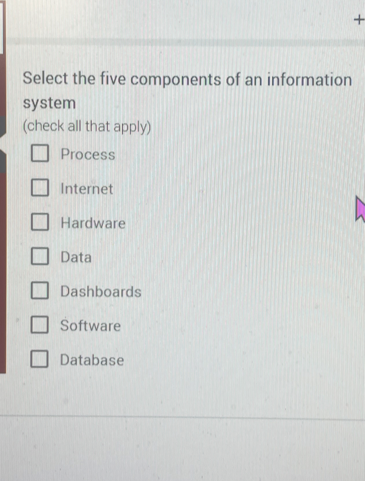 Select the five components of an information