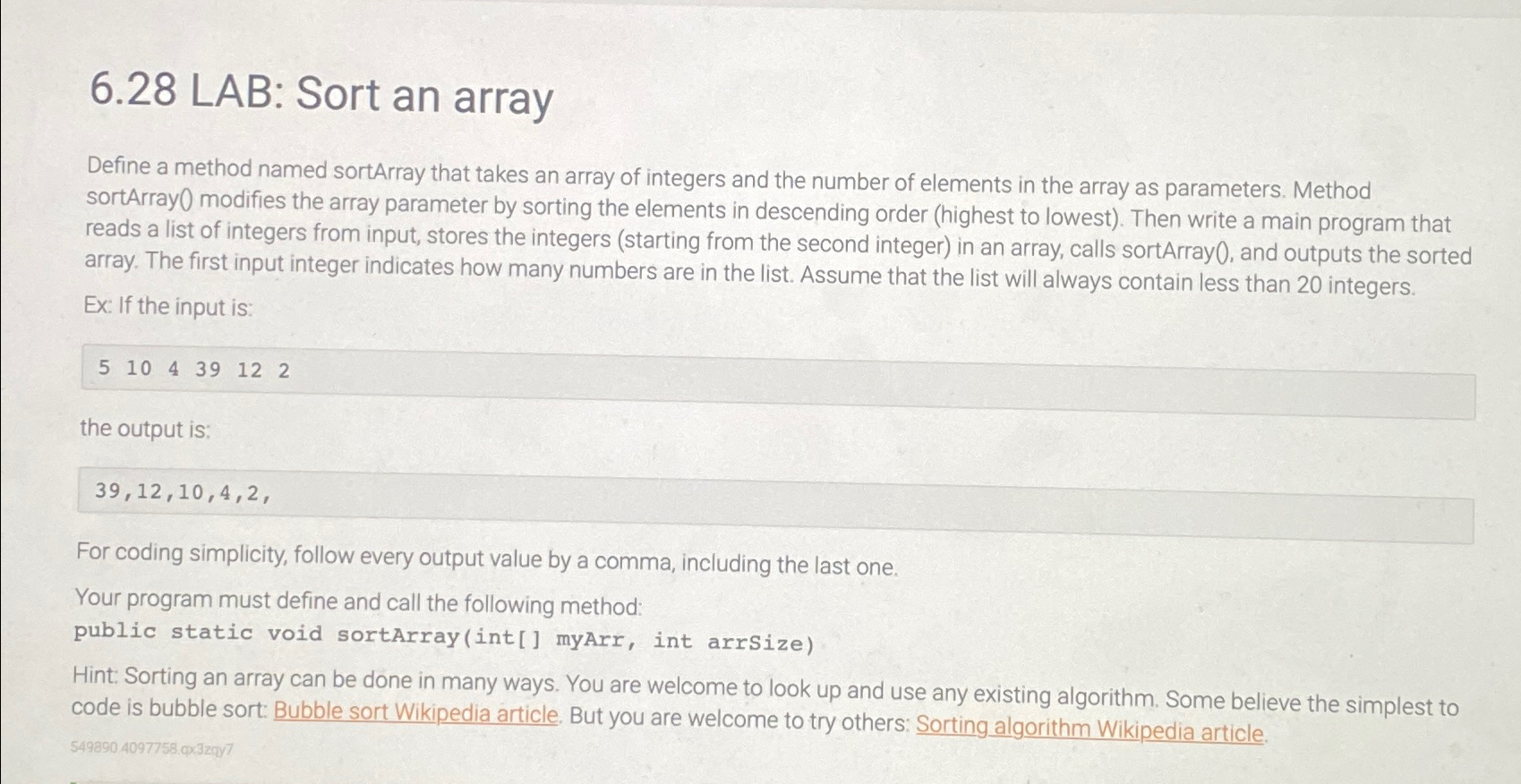 6 . 2 8 LAB: Sort an array Using Java, define a