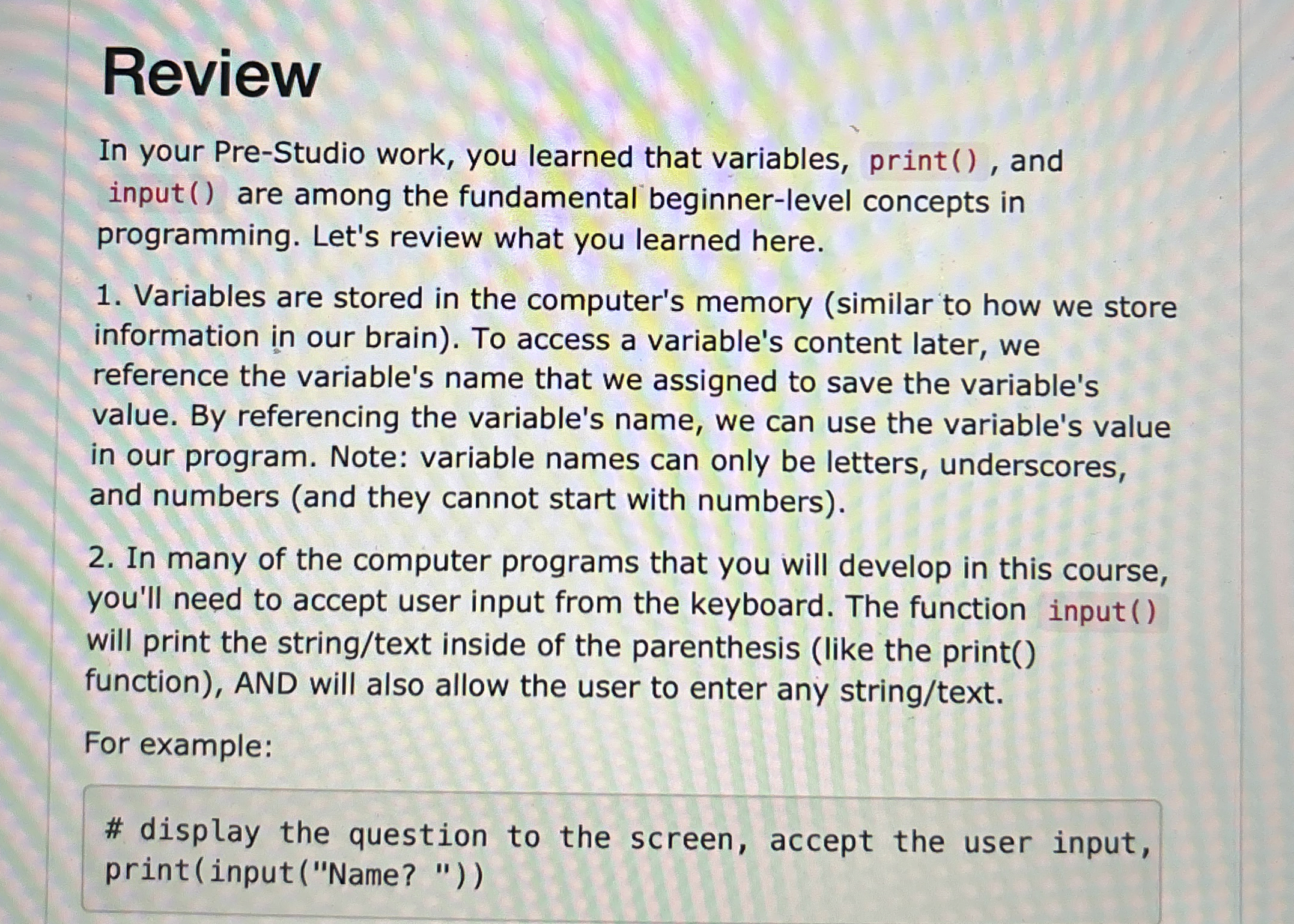 Review In your Pre - Studio work, you learned