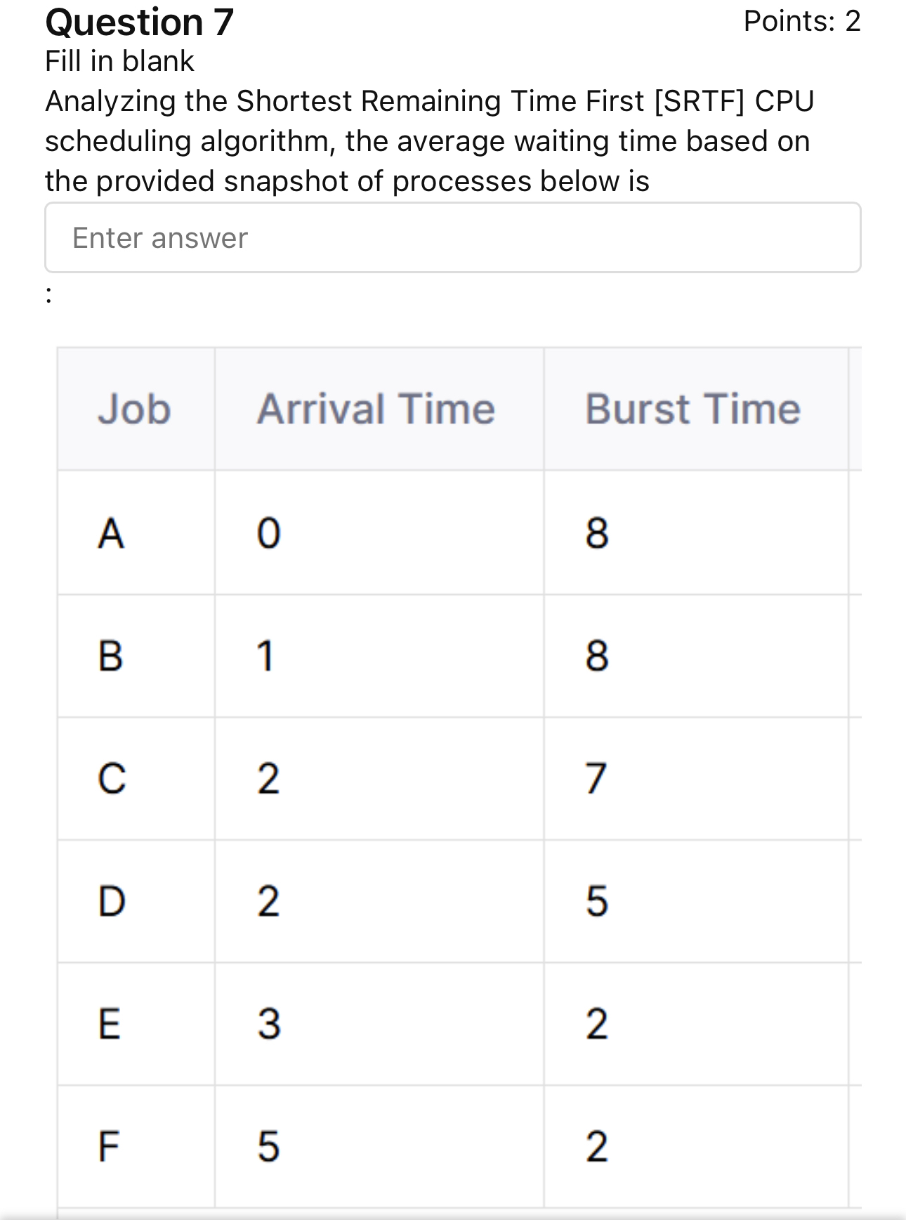 Question 7 Points: 2 Fill in blank Analyzing the