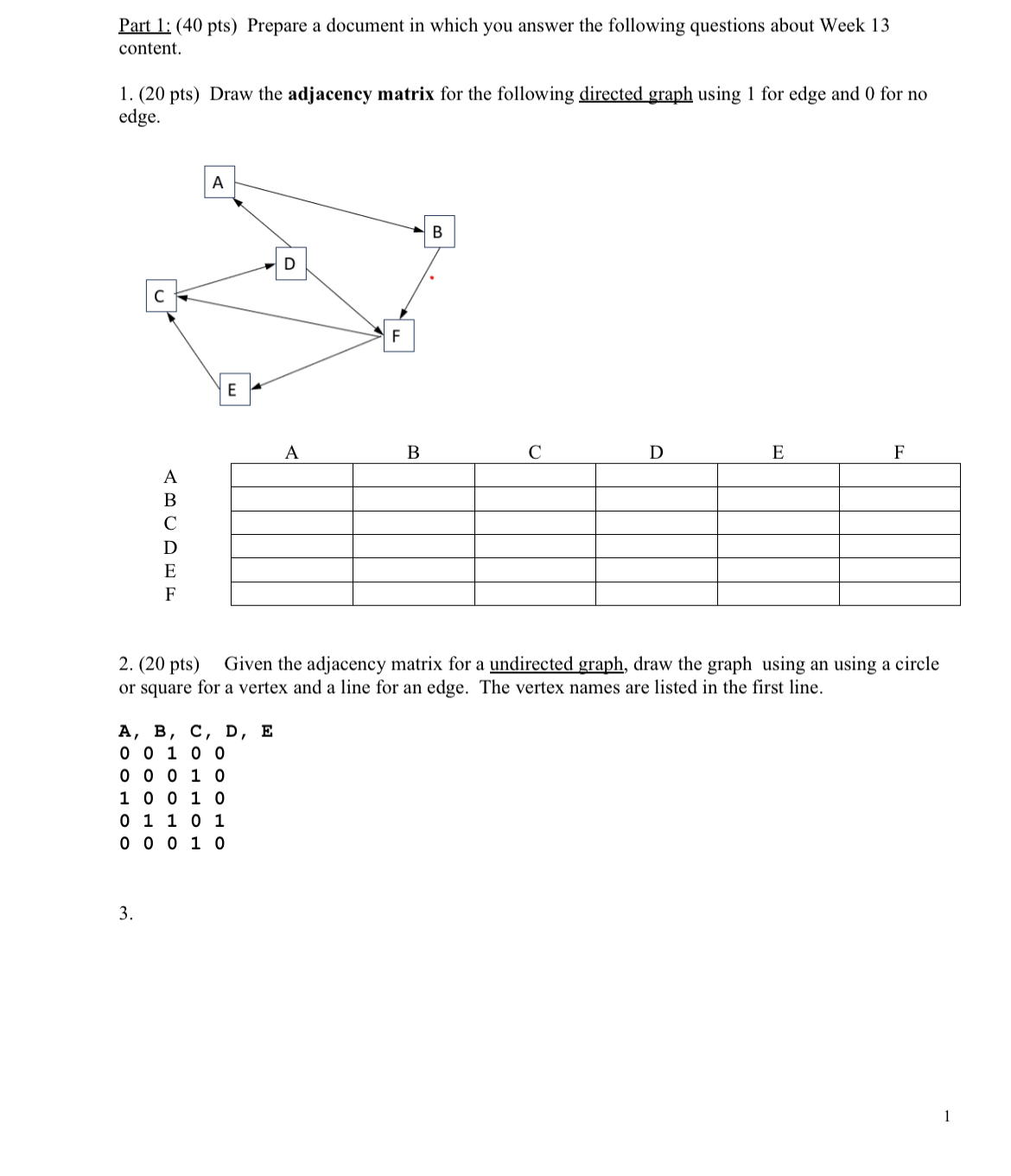 Part 1 : ( 4 0 pts ) Prepare a document in which