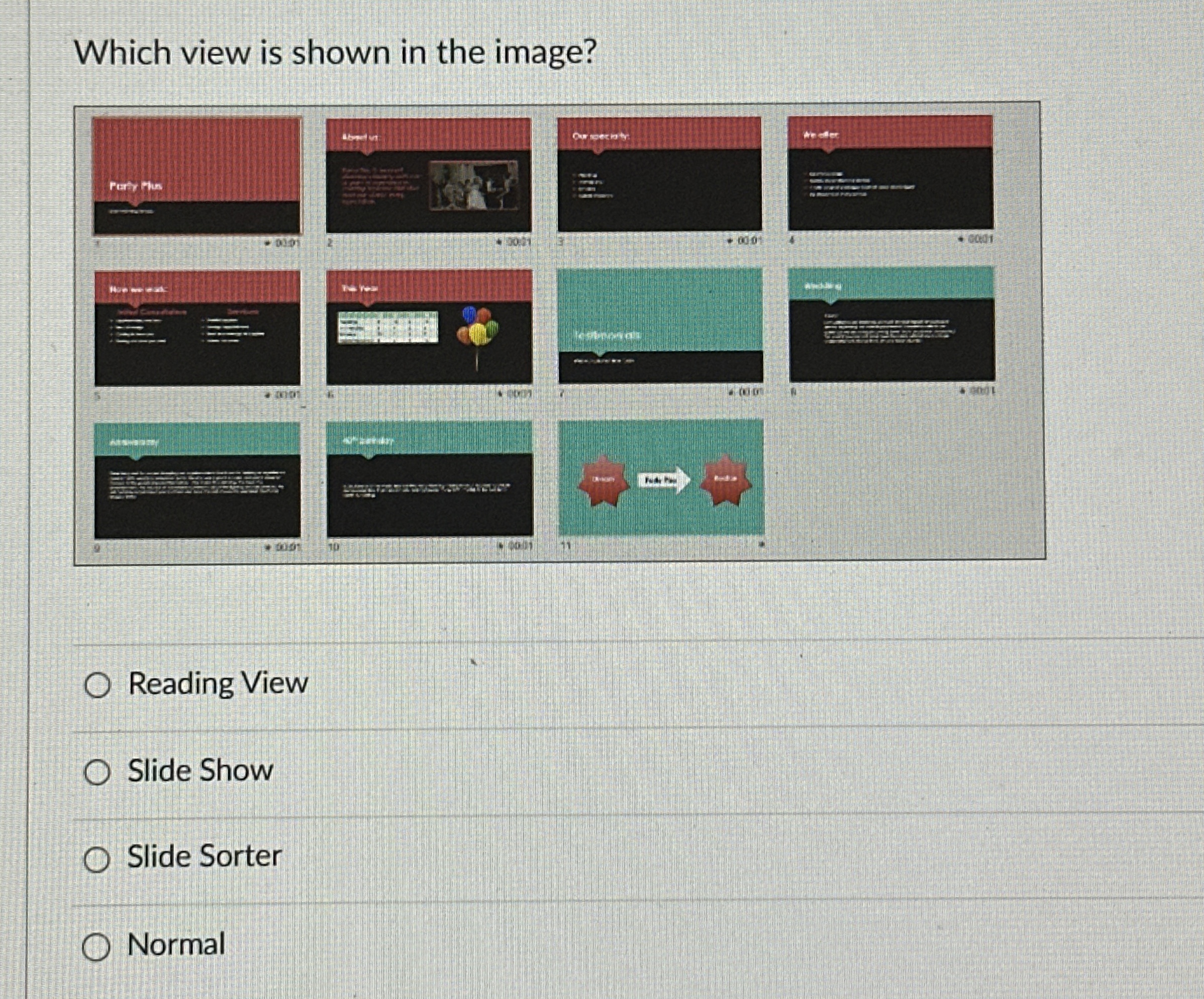  Which view is shown in the image? Reading View Slide Show
