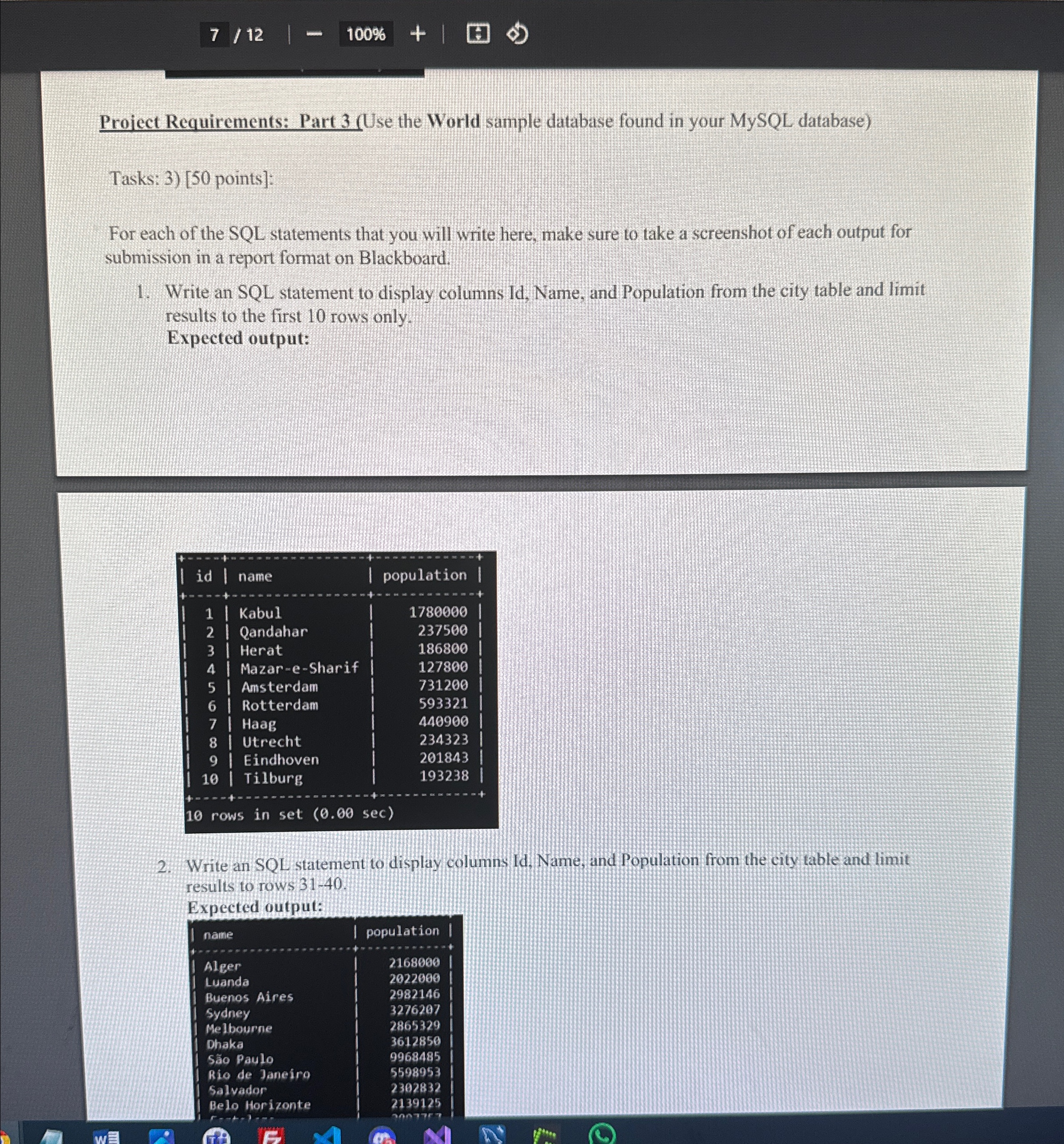 7 1 2 1 0 0 % Project Requirements: Part 3 ( Use