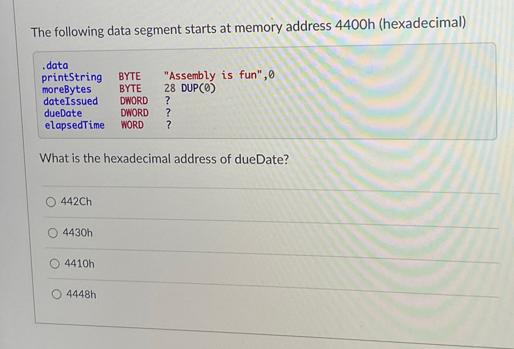 The following data segment starts at memory