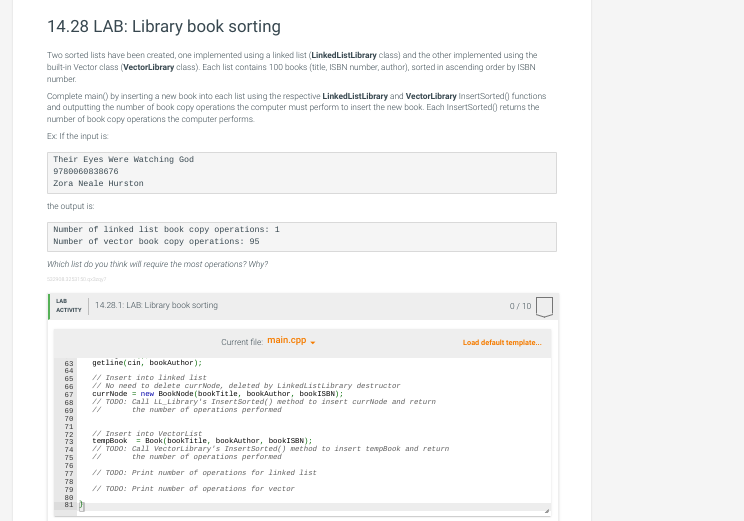 1 4 . 2 8 LAB: Library book sorting Two sorted