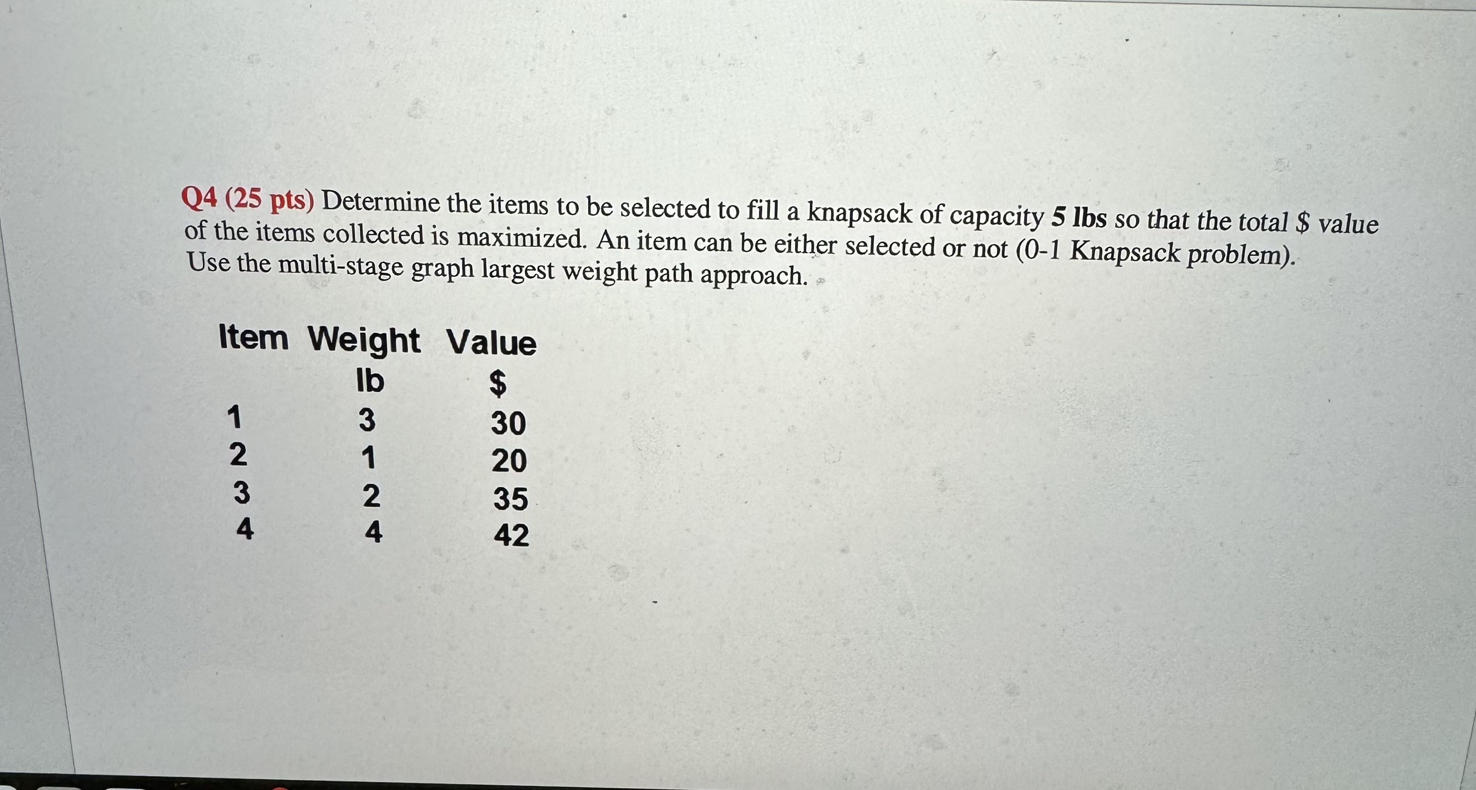 Q 4 ( 2 5 pts ) Determine the items to be