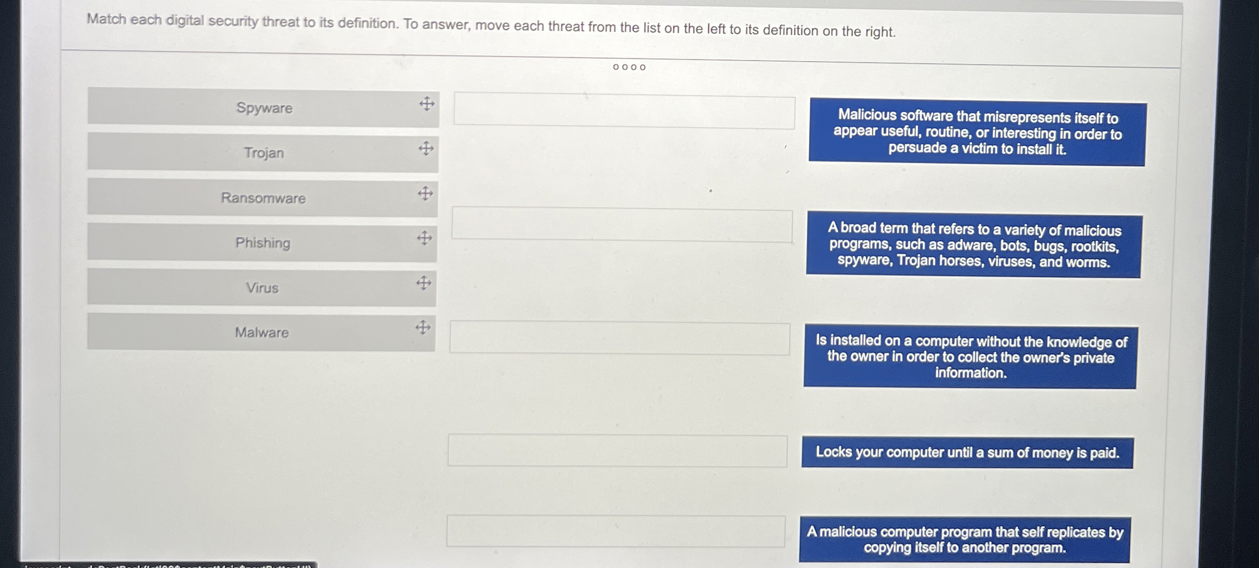 Match each digital security threat to its
