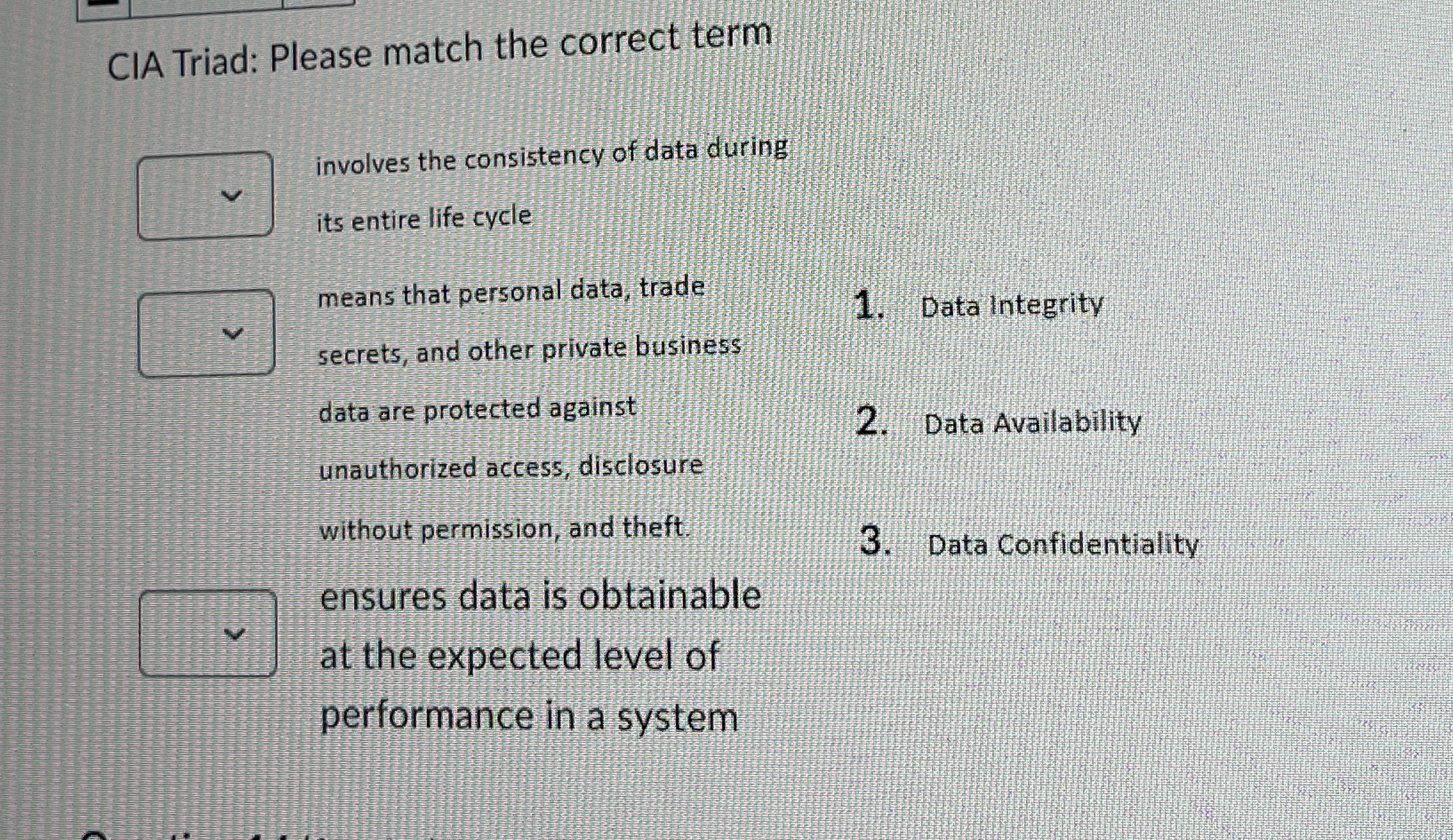 CIA Triad: Please match the correct term involves