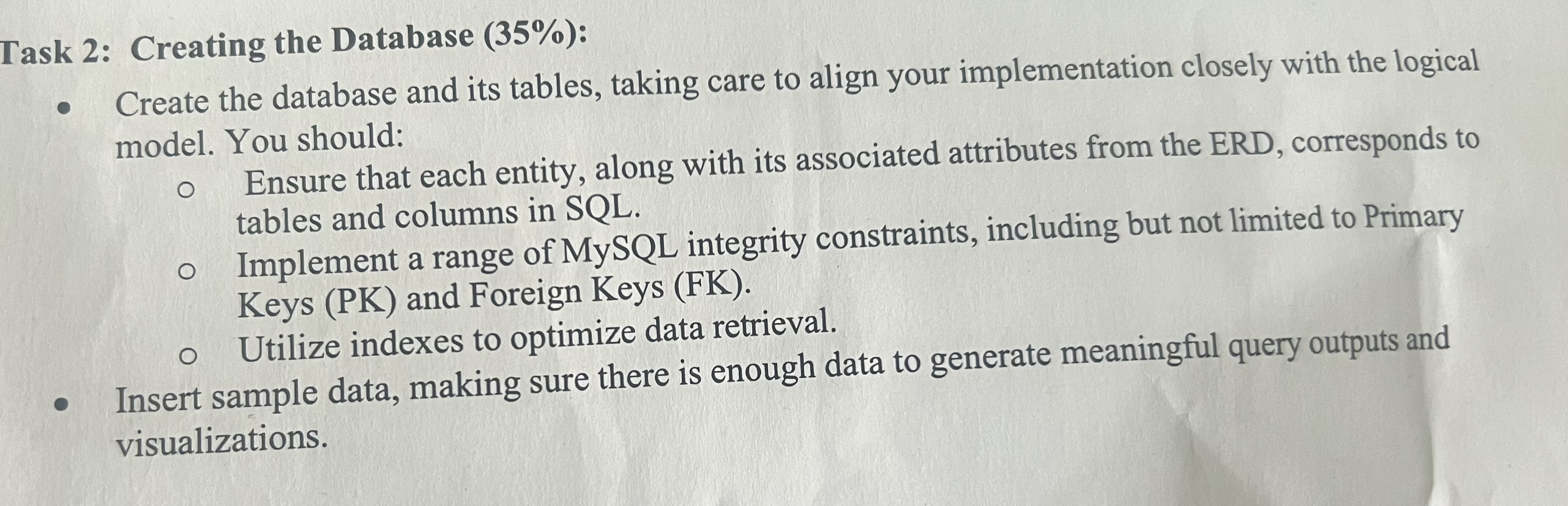 Task 2 : Creating the Database ( 3 5 % ) : Create