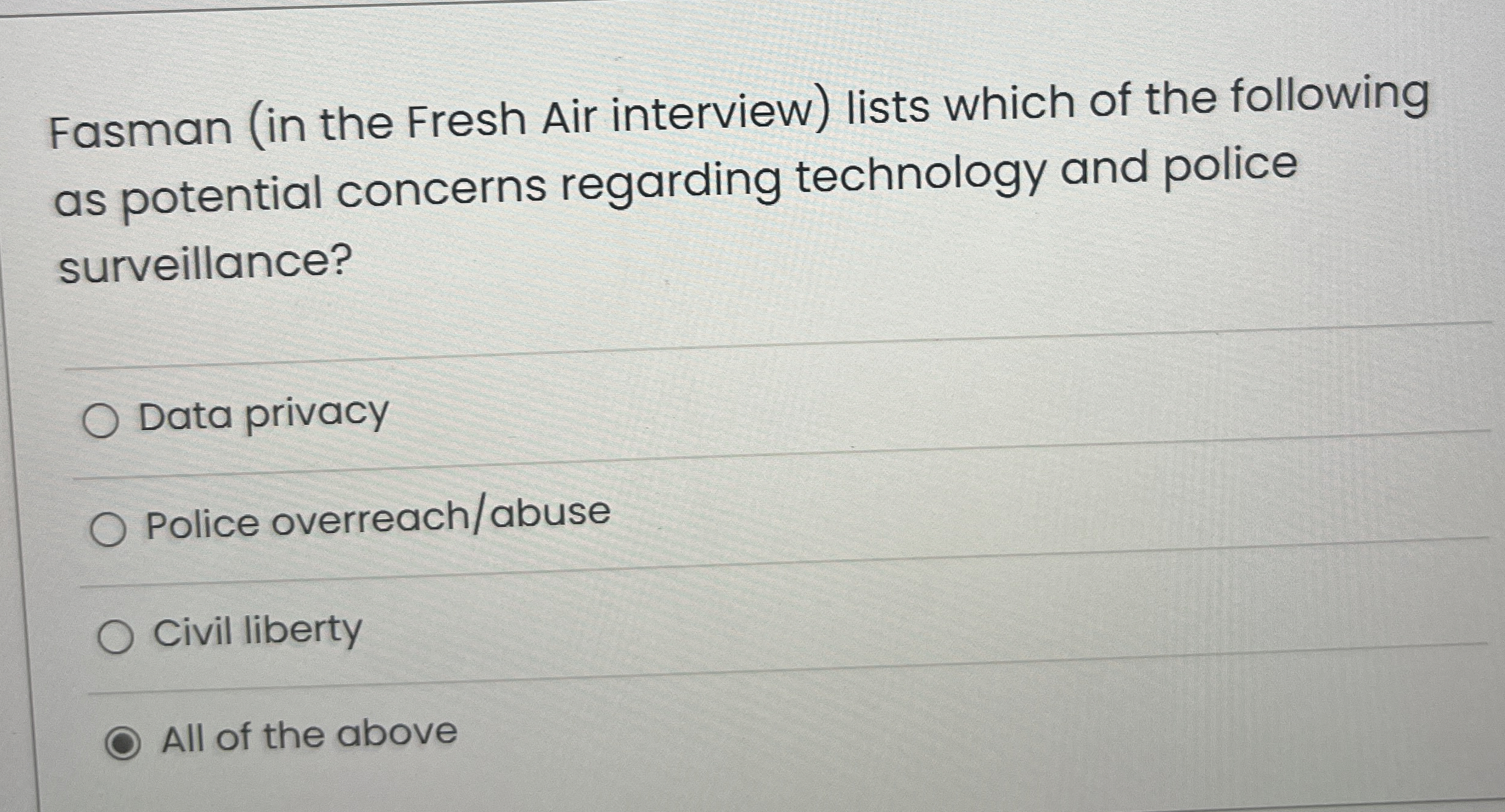 Fasman ( in the Fresh Air interview ) lists which