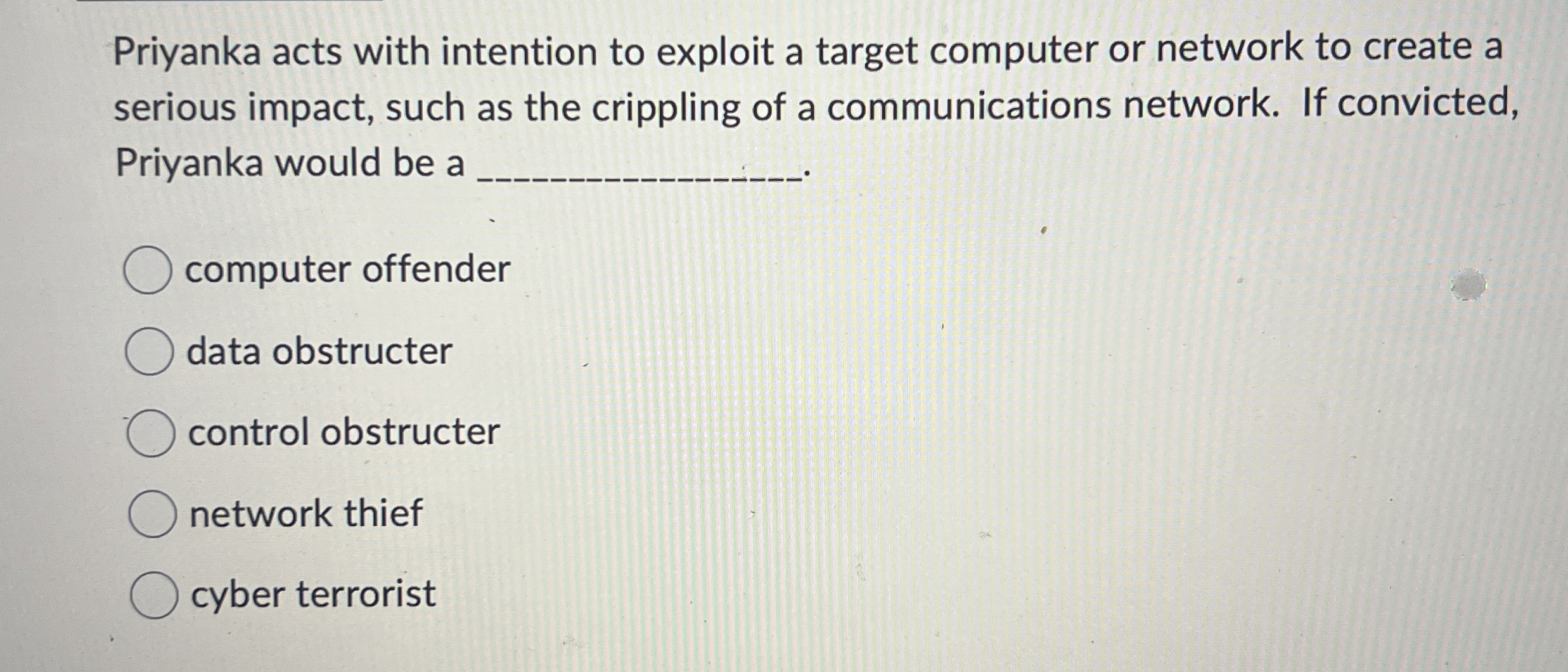 Priyanka acts with intention to exploit a target