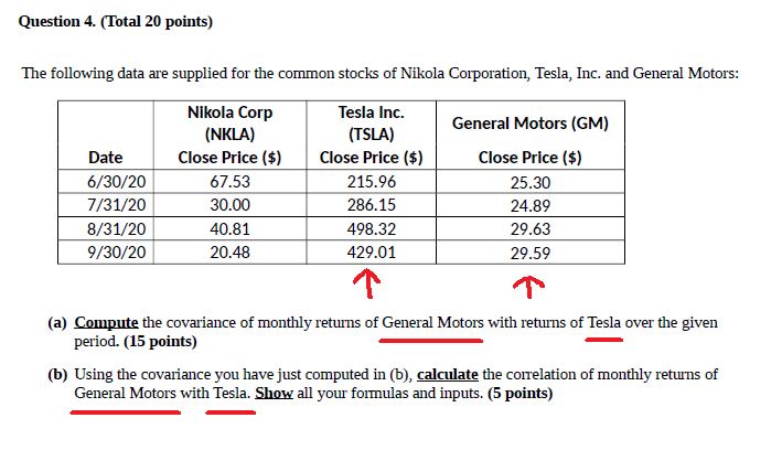 Question 4. (Total 20 points) The following data