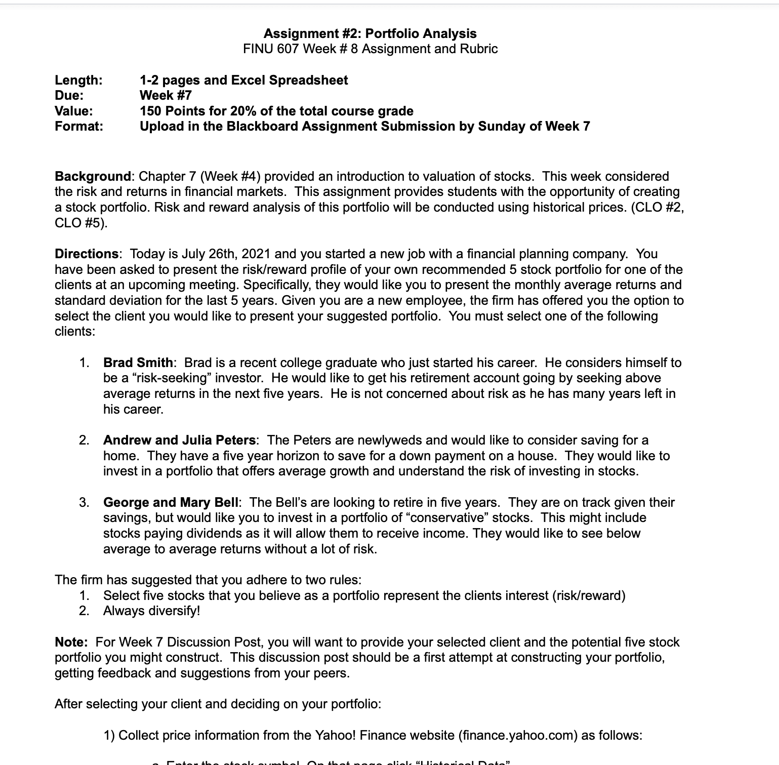 Assignment #2: Portfolio Analysis FINU 607 Week #