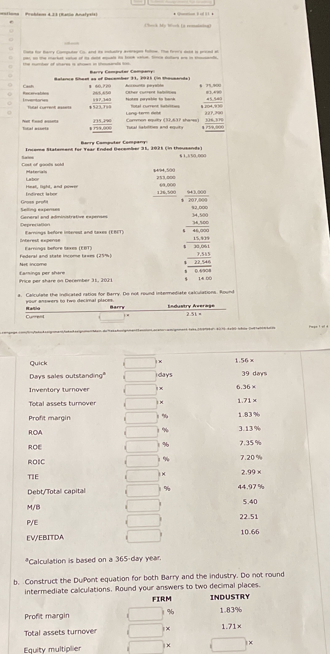 estions Problem 4.23 (Ratio Analysis) Check My