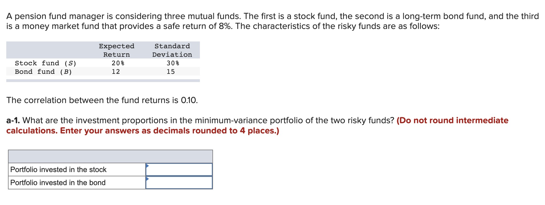 The correlation between the fund returns is 0.10.