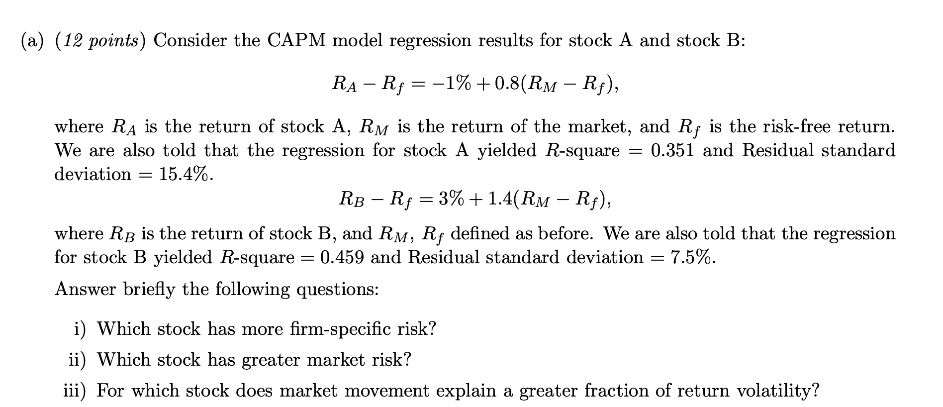 (a) (12 points) Consider the CAPM model