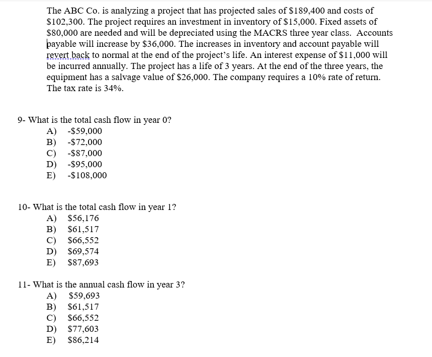 The ABC Co. is analyzing a project that has