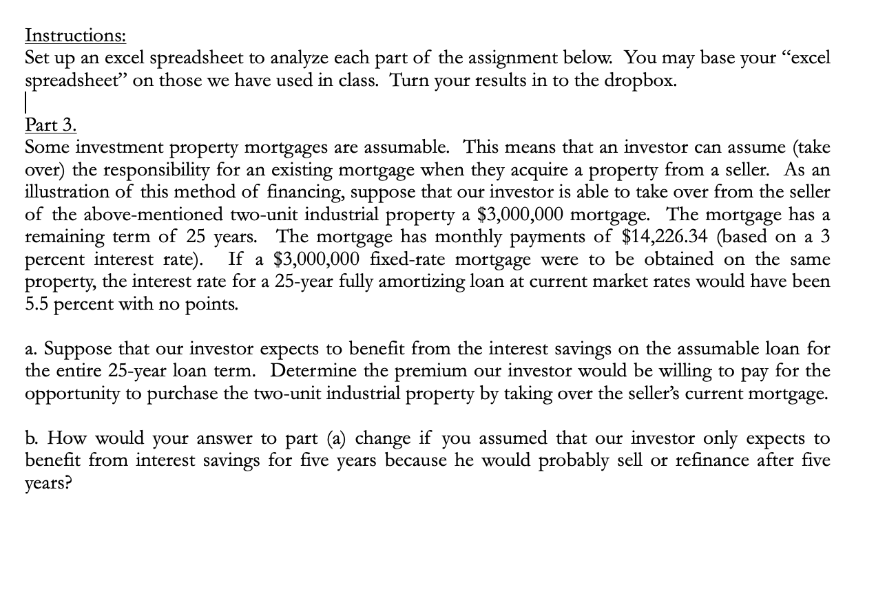 Instructions: Set up an excel spreadsheet to